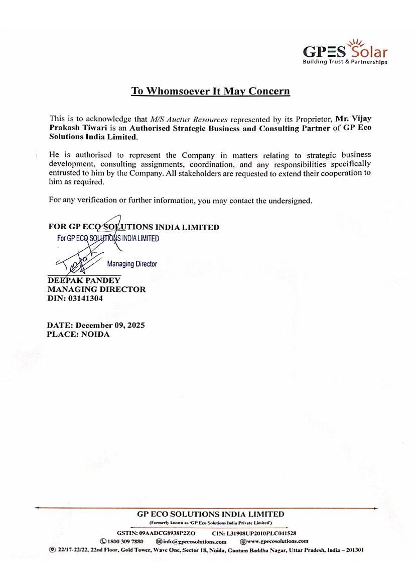 Authorisation letter from GP Eco Solutions India Limited